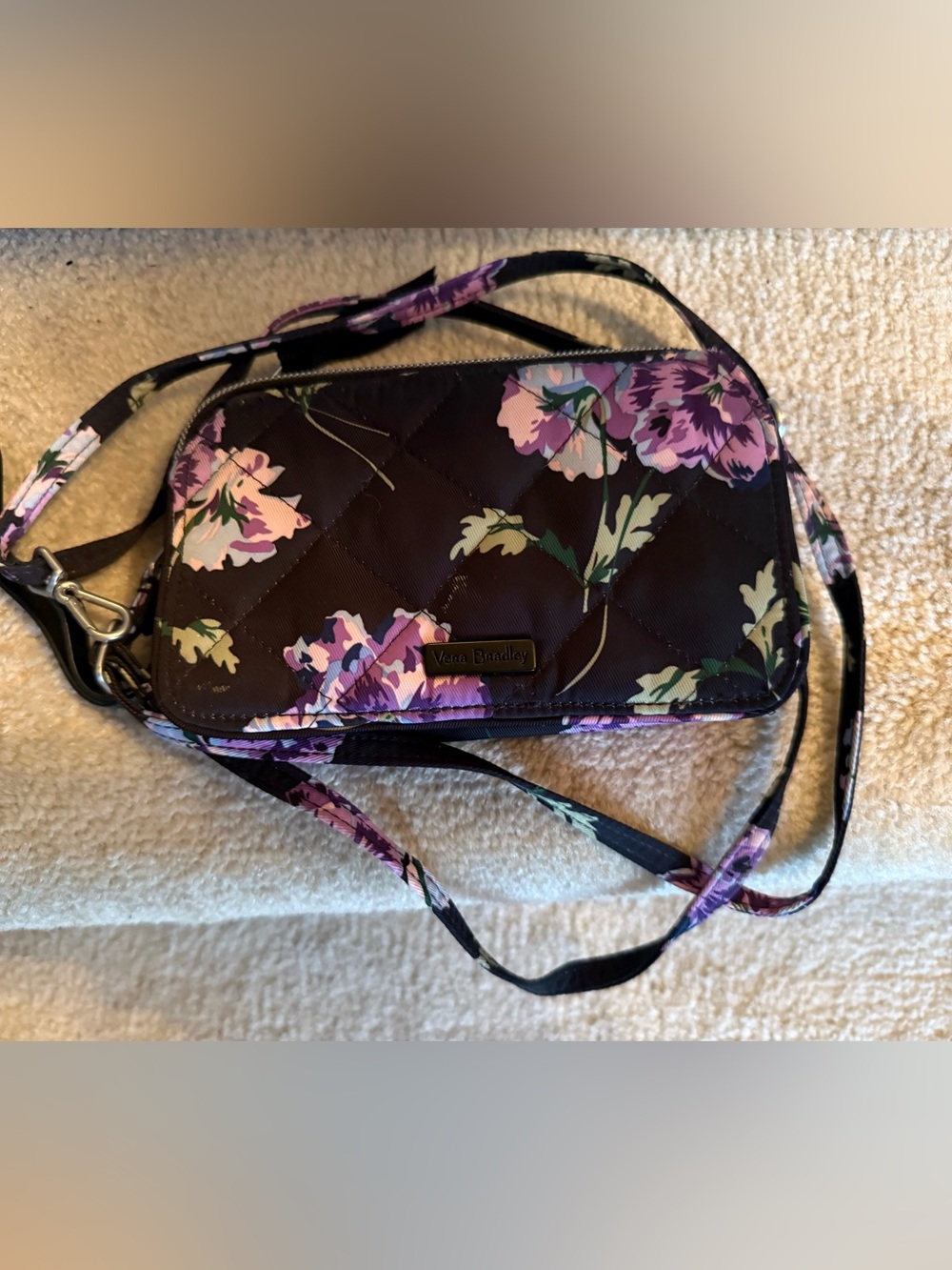RFID All In One Crossbody Vera Bradley plum pansies NWOT